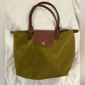 Longchamp Olive Green Tote Bag with Brown Accents